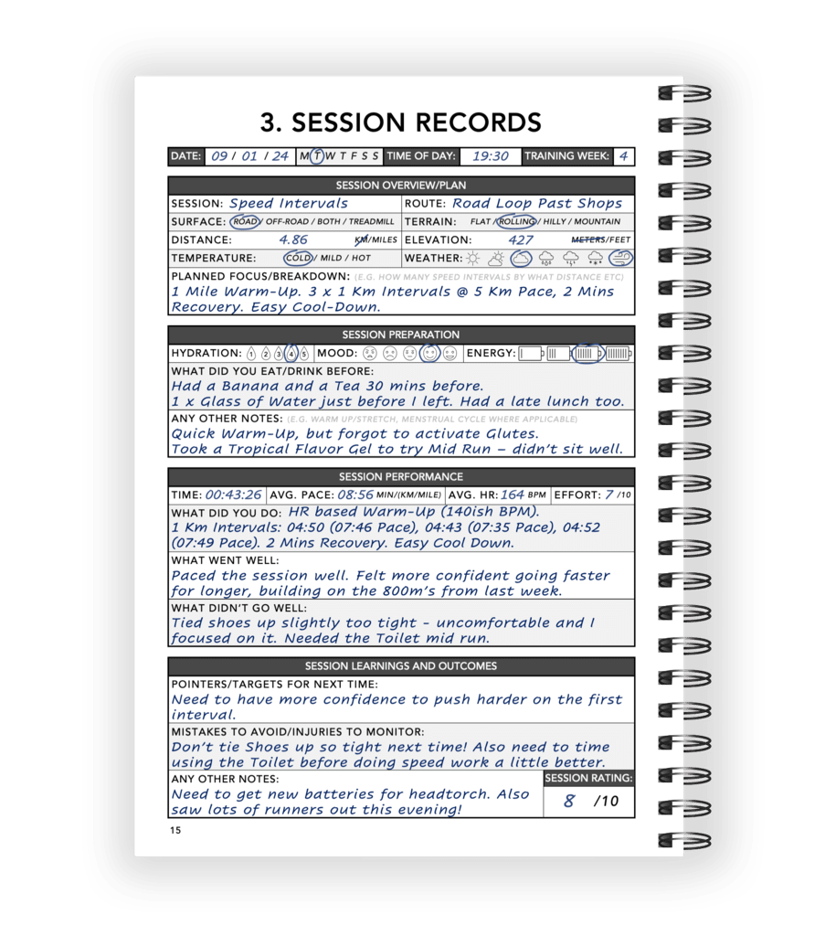 Example Running Logbook Session Page