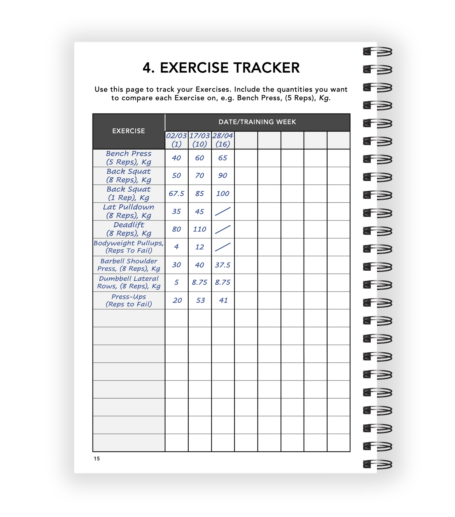 Example Workout Logbook Progress Tracker Page