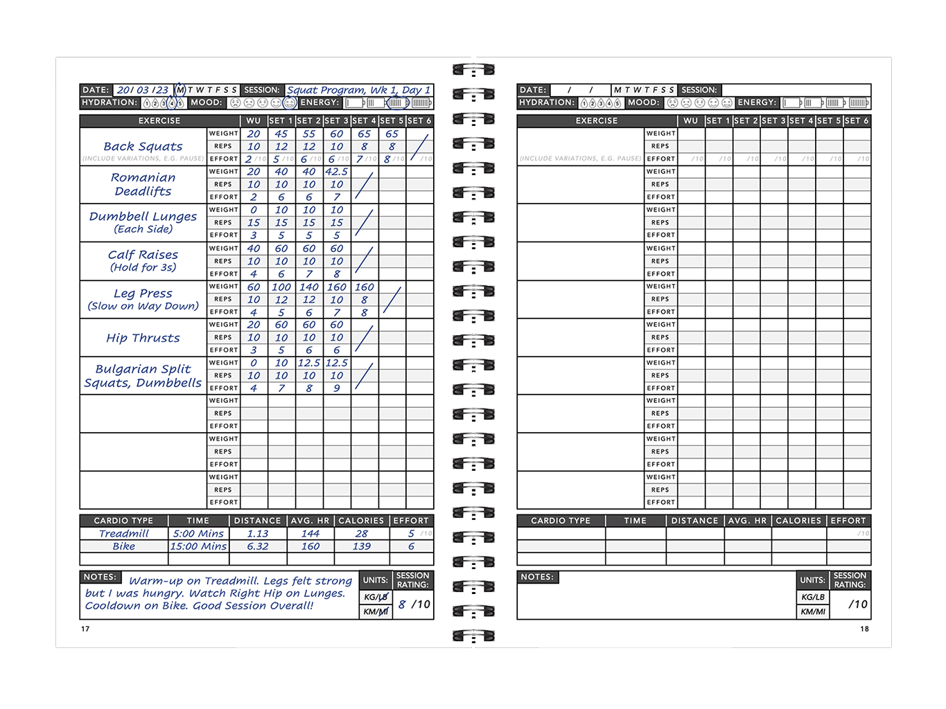 Example Workout Logbook Session Double Page