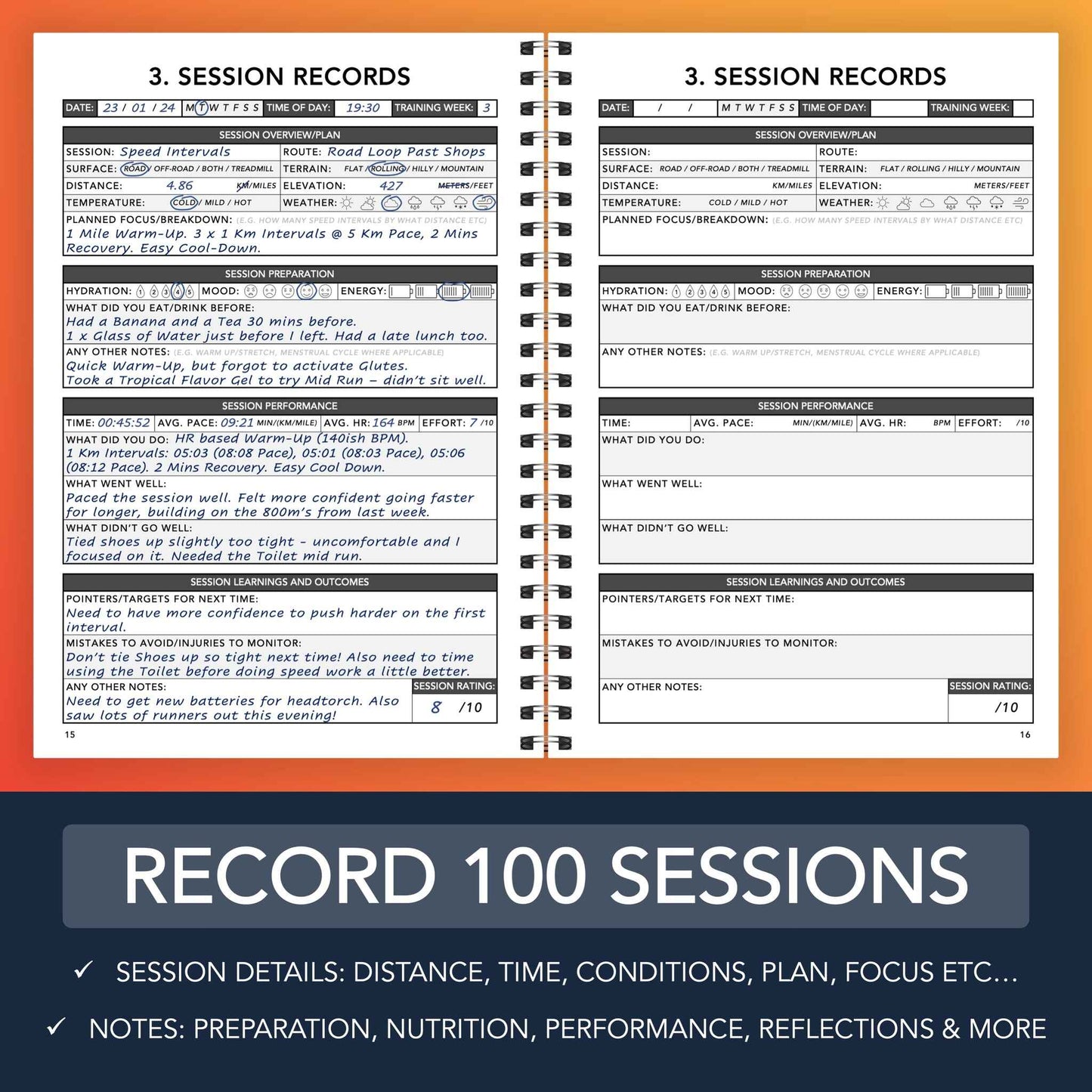 Half Marathon Training Logbook - Record 100 Sessions